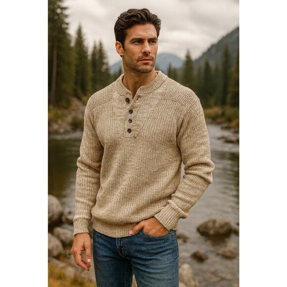 Vintage Midwest Traders Fisherman Oversized Sweater Henley Beige Birdseye Sz M - Picture 1 of 8